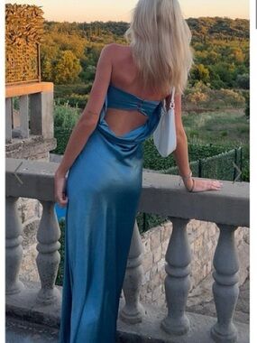 Showpo Teal Blue Satin Cowl-Back Maxi Dress